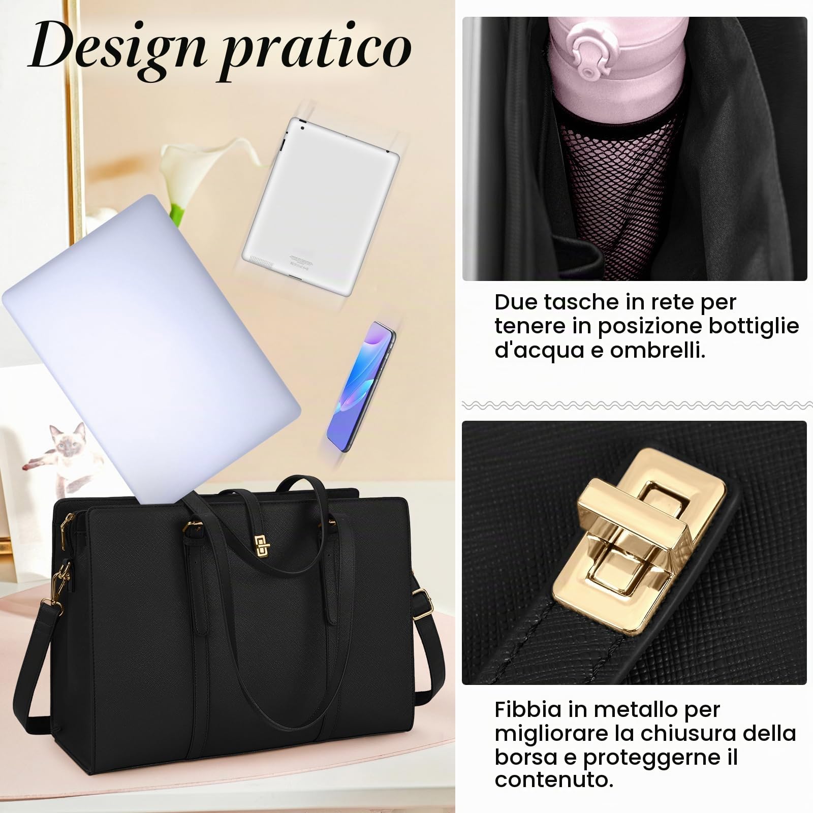 IGOLUMON Grande Borsa Lavoro Donna Porta PC 15.6 Pollici per PC Computer Impermeabile Università Scuola Tote a Tracolla Shopper in Pelle PU per Business Nero