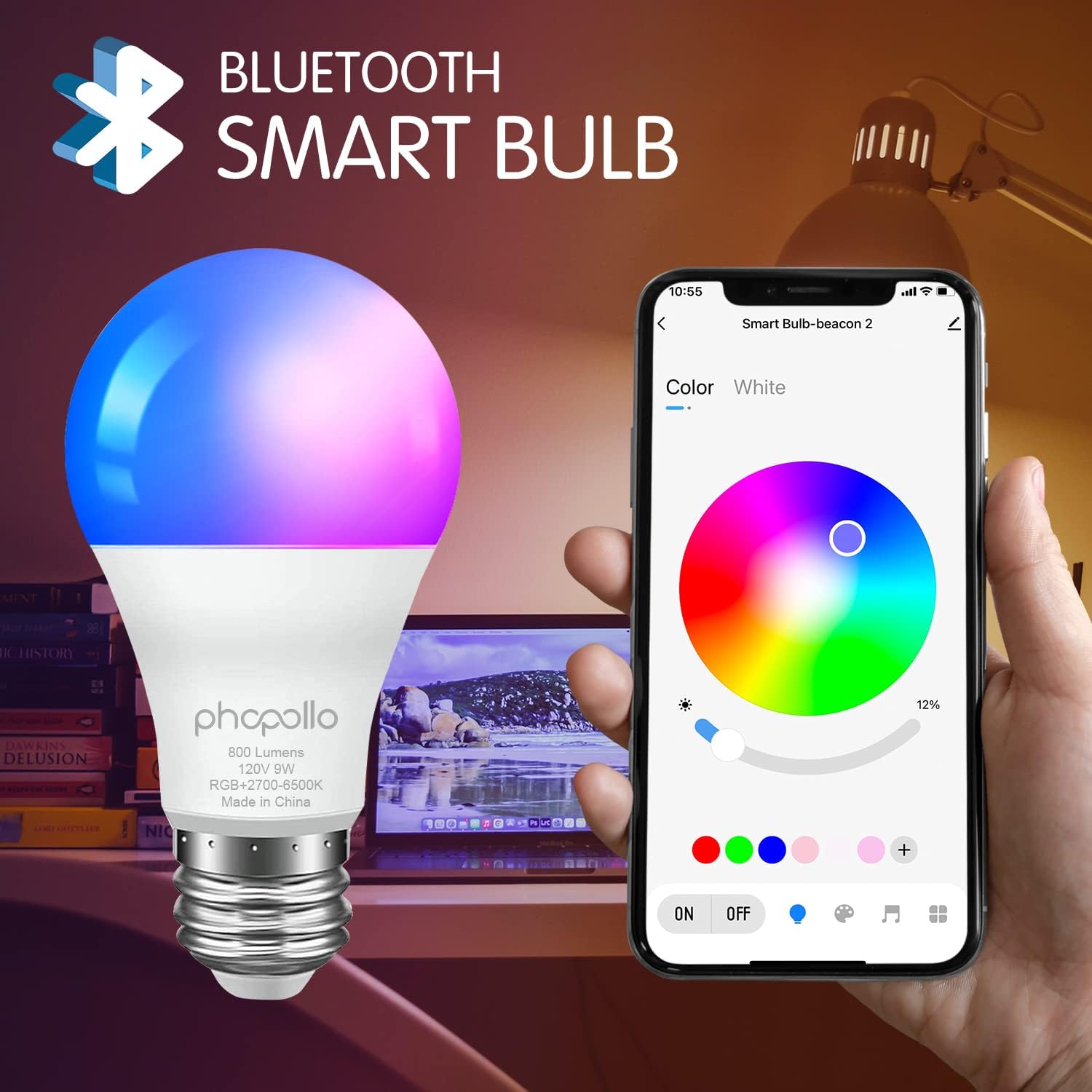 phopollo Bluetooth Light Bulbs, RGBW Multicolor Led Light Bulbs, 9W 800 Lumen, 60 Watt Equivalent, A19 E26 Led Bulbs, App Control (Alexa & Google Assistant Not Supported), No Hub Required, 6 Pack