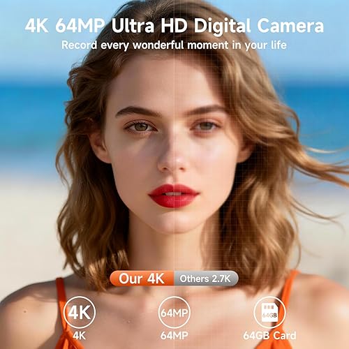 Miniatura 2 de Cámaras digitales 4K para fotografía, cámara de video de enfoque automático de 64 MP para YouTube con pantalla abatible de 180° de 3 pulgadas