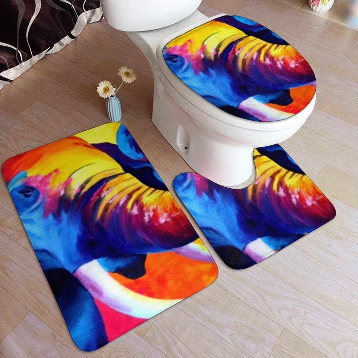 Rainbow Elephant Bathroom Contour Rugs Combo,Set of 3 Soft