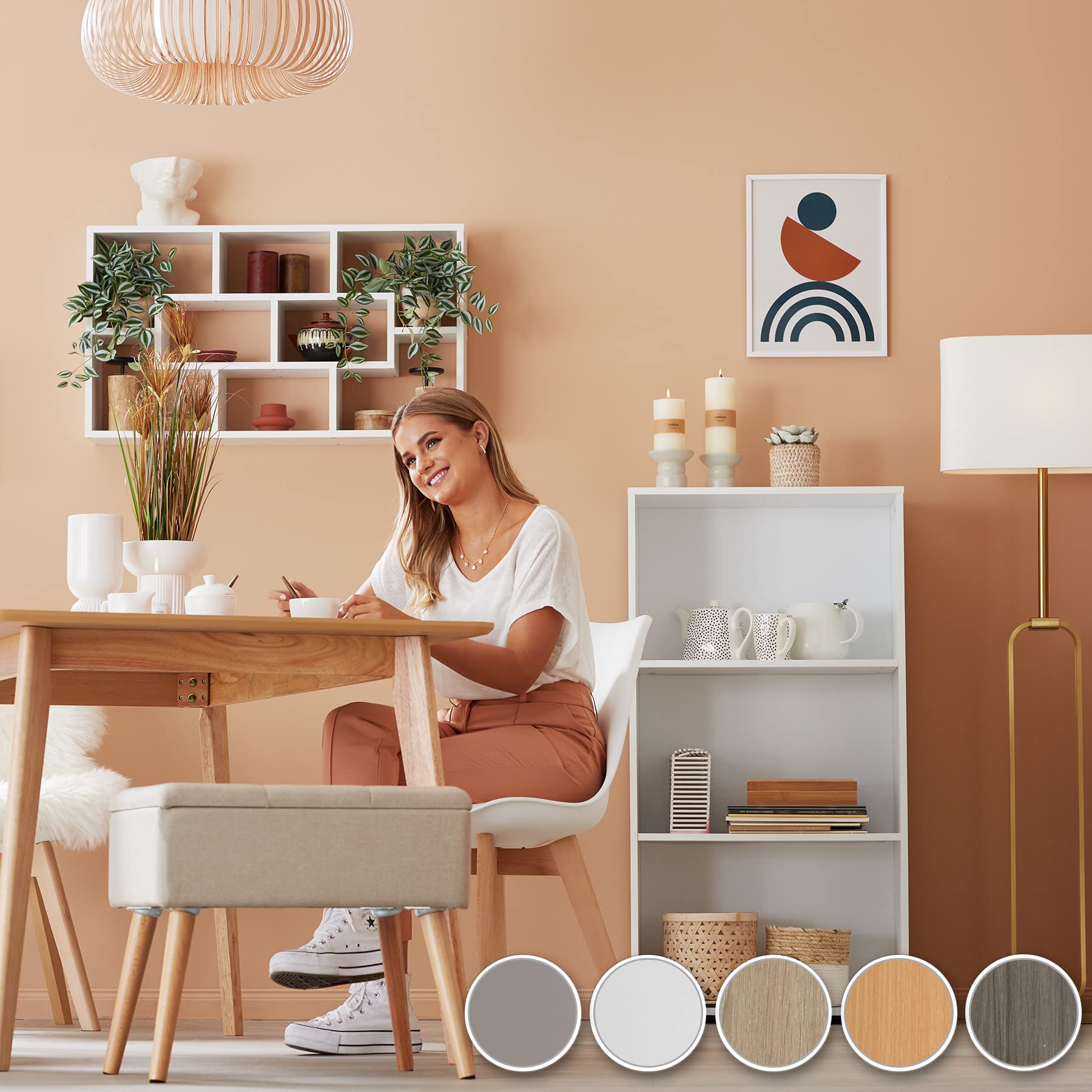 tectake® Libreria 85x16x48cm, Libreria Verticale, Mensole da Muro, Mensole da Parete Porta Libri, 8 Scaffali Salvaspazio per Libri, Piante, Foto, Arredamento Casa, Soggiorno, Camera da letto - Bianco