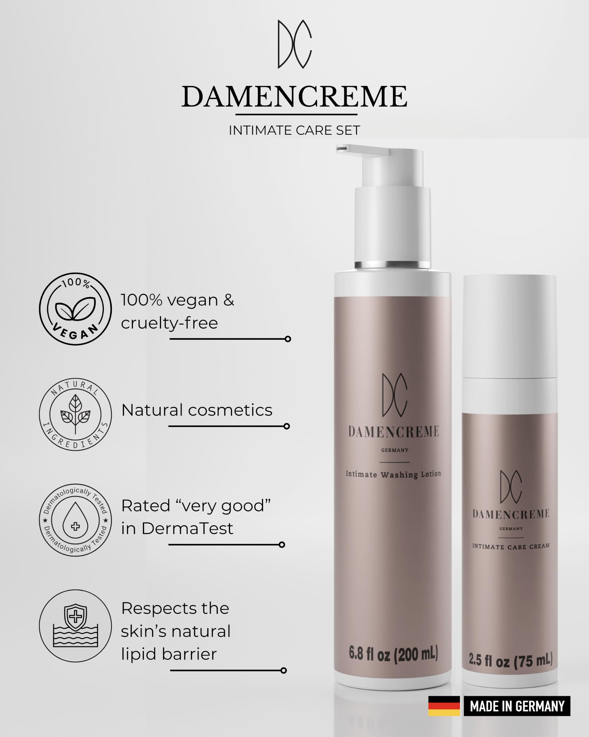 DAMENCREME Zestaw do pielęgnacji intymnej dla kobiet I Krem intymny 75 ml i balsam do mycia 200 ml I Delikatna pielęgnacja i czyszczenie | Polecane przez ginekologów | Wegańskie i testowane