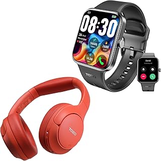 TOZO S4 AcuFit One Smartwatch 1.78-inch Bluetooth Talk Dial Fitness Tracker Black + HT2 Hybrid Active Noise Cancellation Wireless Over-Ear Bluetooth Headphones Red