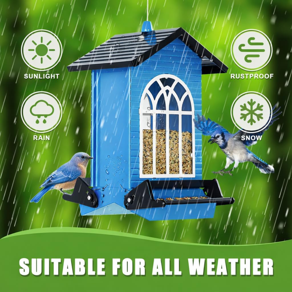 Gbekery Squirrel Proof Bird Feeder for Outdoors,5LB Large Capacity,Metal Wild Bird Seed Feeder with Bilateral Weight-Activated Perches for Outside Hanging,Garden Decoration,Blue