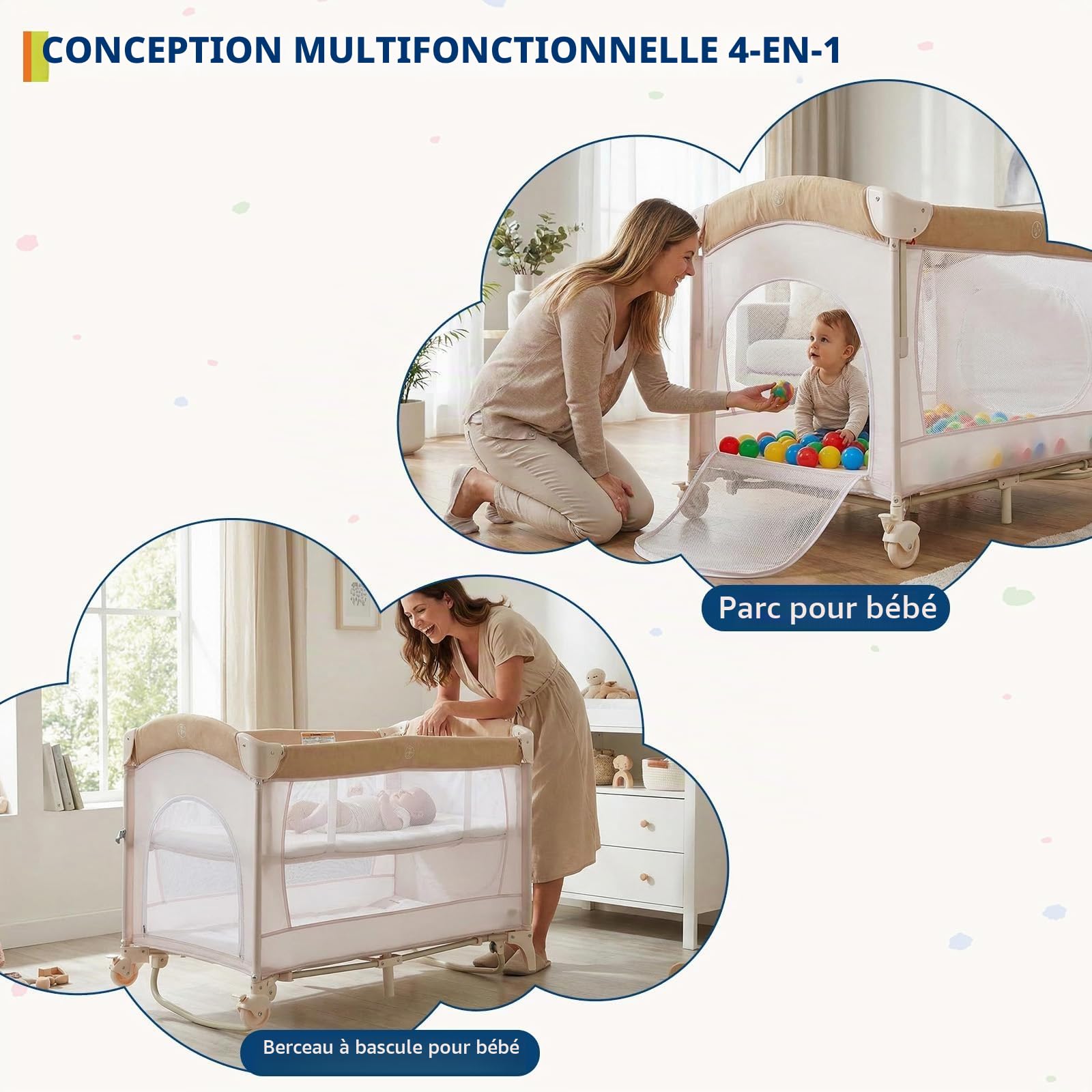 Garvee Lit Parapluie Bébé 5-en-1, Berceau Bébé, Lit de Voyage Pliable | sur Roulettes, avec Carrousel, Table à Langer et Parc de Jeu, Sac de Transport Inclus, pour Bébé Jusqu'à 15 kg, Kaki