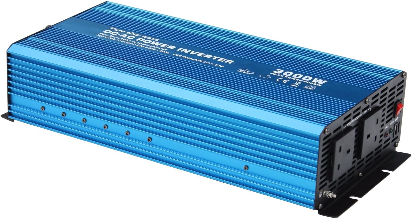 3000W 24V pure sine wave power inverter with a remote on/off switch and 5m cable to convert 24V DC battery output to 230V AC mains electricity, for vehicles, boats or off-grid power systems