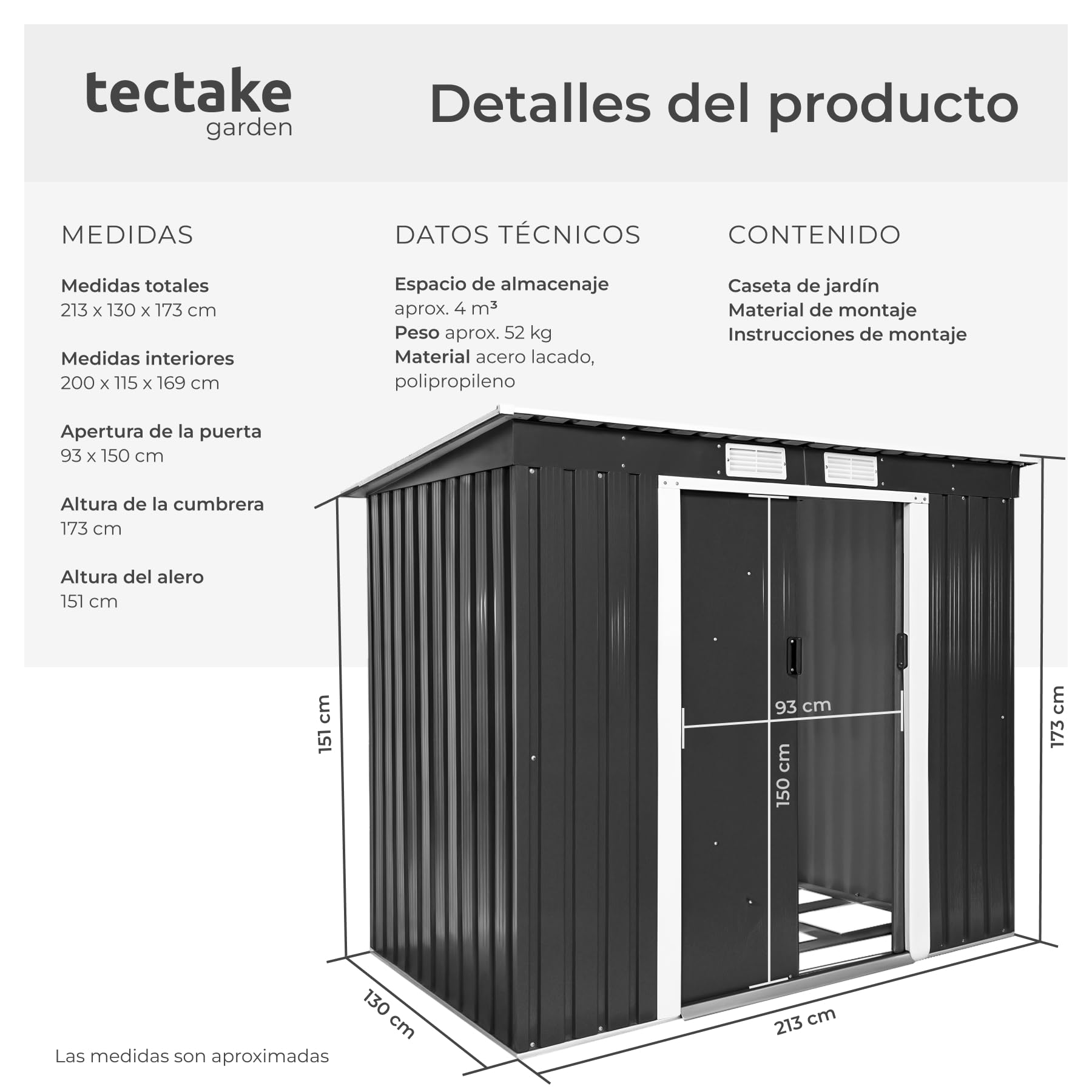 tectake® Cobertizo Jardín Metálico, Caseta Jardin Exterior, Almacenaje Herramientas Jardín, Bicicletas, Armario Jardin Exterior Metálico, Puerta Corredera, Seguridad Candado - Gris/Blanco
