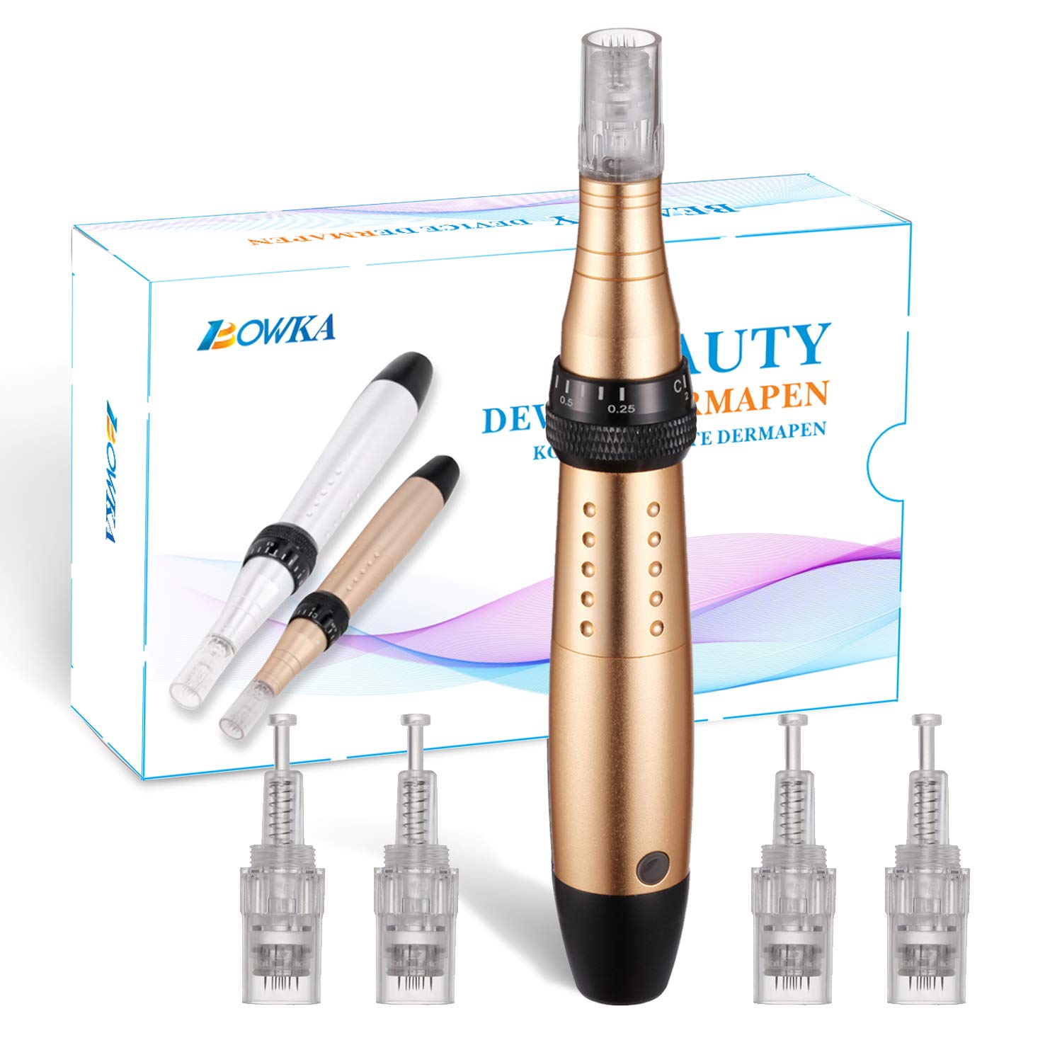 BOWKA Electric Microneedling Derma Pen with 4 Pcs 12 Pins Cartridges Needle, Adjustable Needle Length and 5 Speeds,Skin Care Device for Anti-Aging Scar Wrinkle, Beard Hair Growth(Gold)
