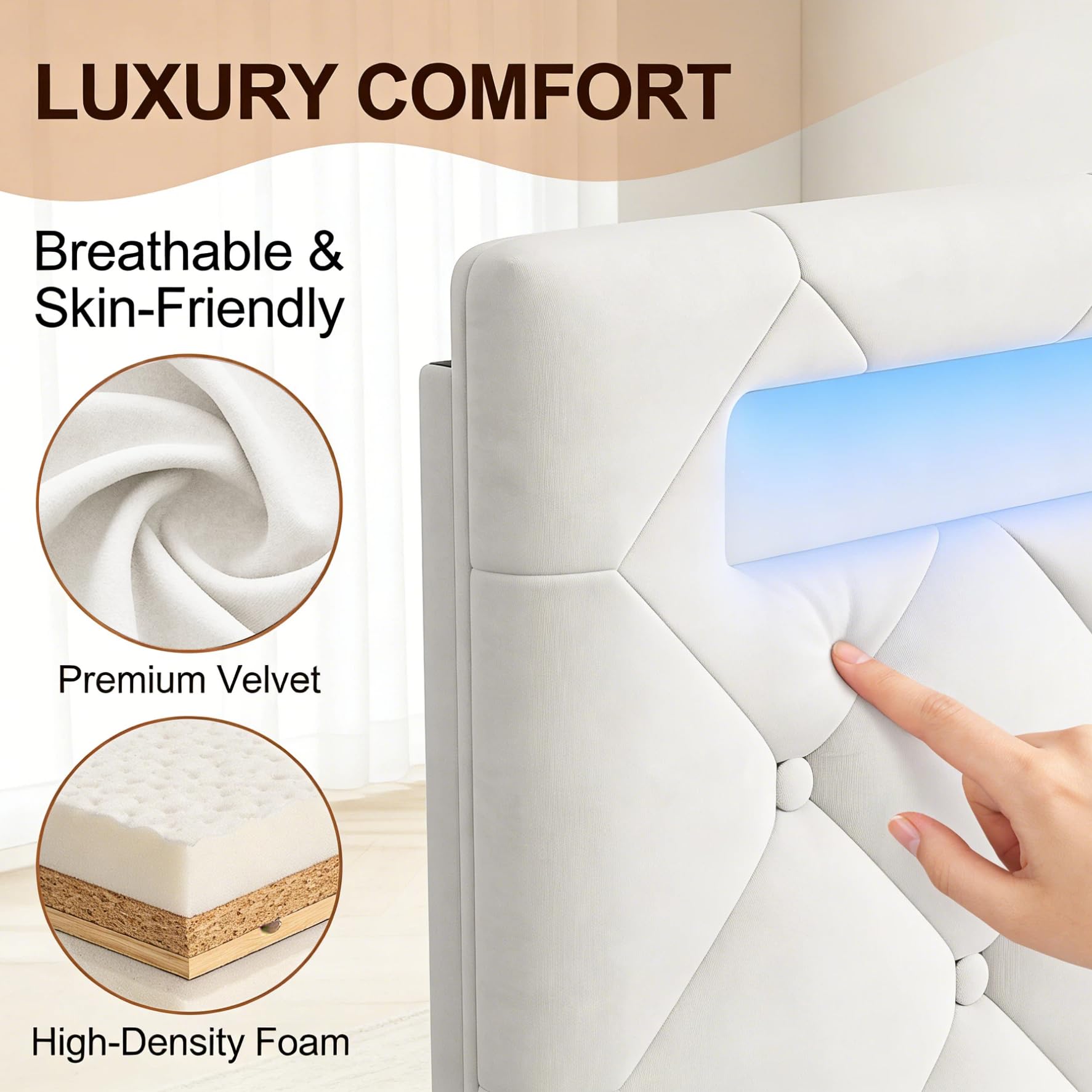 BRILVERDE Letto imbottito 160x200 con Contenitore idraulico, letto matrimoniale con LED, funzionale con testiera, struttura letto con rete a doghe, Velluto (Beige, 160 x 200 cm)