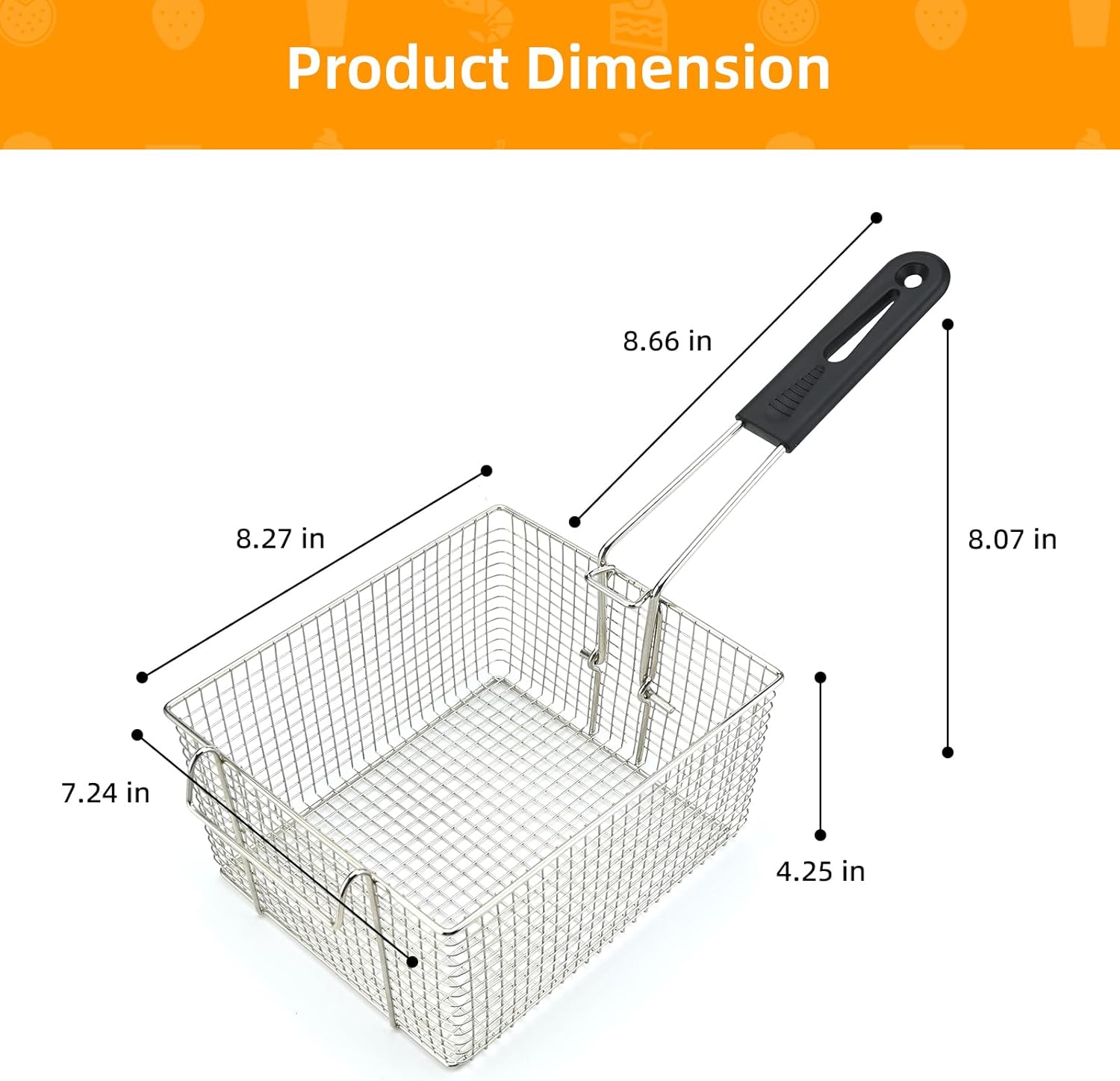 Electric Fryer Basket for Frying Serving Food, with Rubber Handle Grip, 7.2" x 8.3" x 4.3" Heavy Duty Construction Suitable for fry chicken, fish, french fries, (2 Pcs)