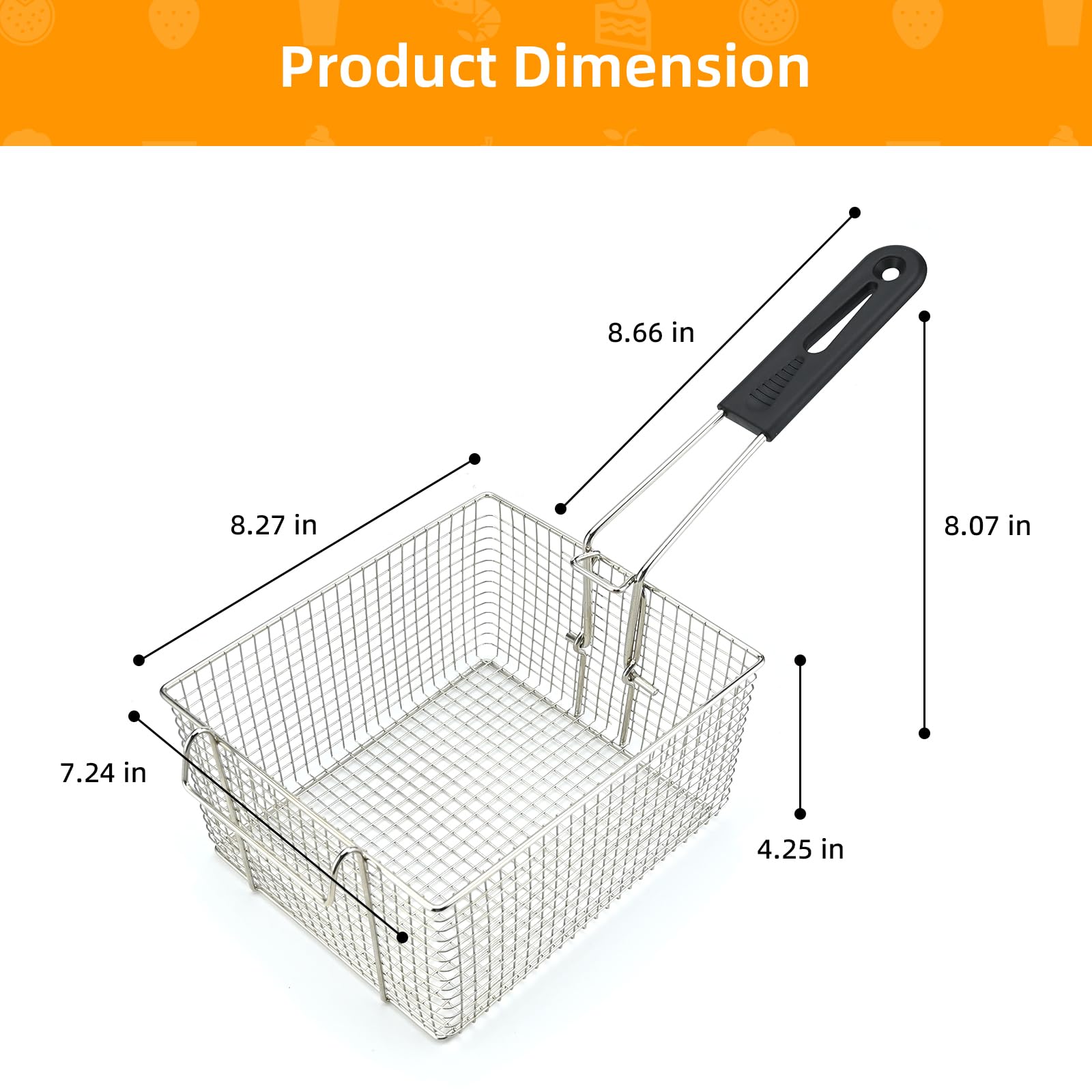 Cesta de freidora eléctrica para freír alimentos, con mango de goma, 7.2 x 8.3 x 4.3 pulgadas, construcción resistente, adecuada para freír pollo, pescado, papas fritas, (2 piezas)