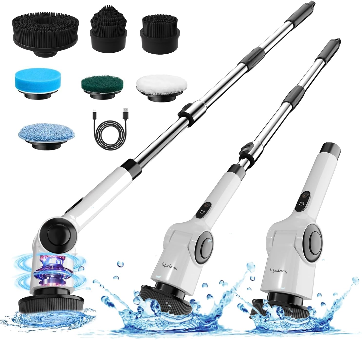 Lifelong Electric Mop for Floor Cleaning | Spin Mop with 90 min Run Time | Bathroom Scrubber with Adjustable Handle, LED Display, Type-C Charging, 3-Speed Modes Floor Cleaner Machine, Cleaning Brush