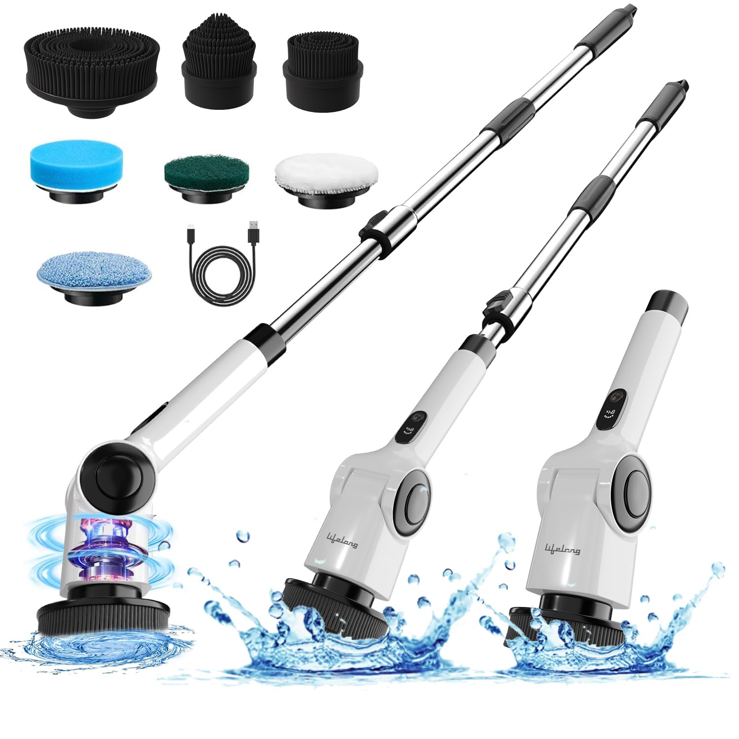 Lifelong Electric Spin Mop with various brush attachments and adjustable handle
