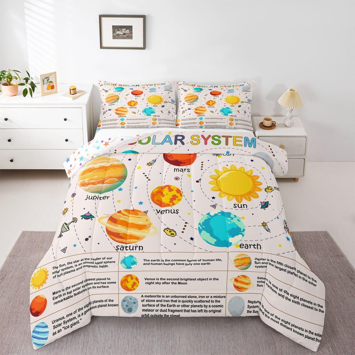 Feelyou Solar System Bedding Set Queen, Outer Space Comforter Educational Comforter Set for Kids Planet Solar System Duvet Set 3Pcs
