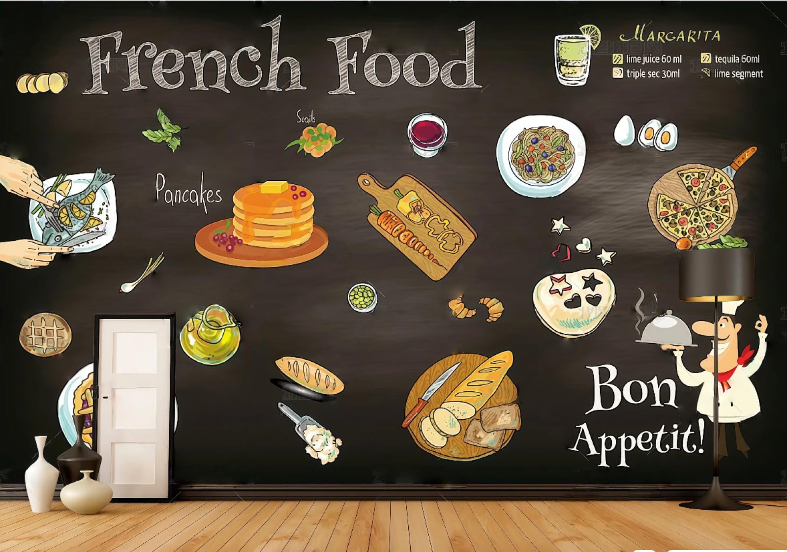 rskjdghshd Wallpaper Blackboard Hand-Painted Delicious Fast Food Theme Burger Pizza Shop Western Restaurant Background Wall Mural Afternoon Tea Coffee Shop Wallpaper,3D,430x300cm