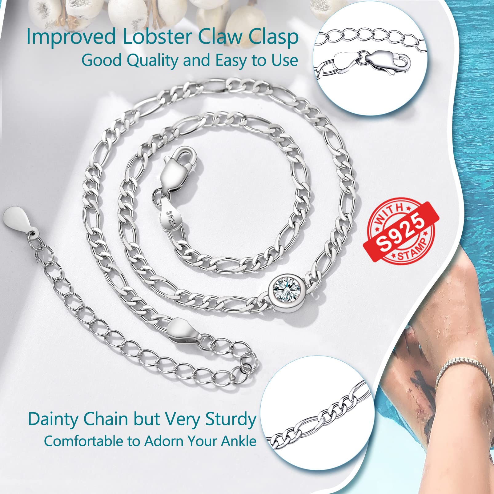 PROSILVER Cavigliera Argento 925 con Pietra Portafortuna 12 Mesi da Estate Spiaggia con Confezione Regalo 22+5cm Regaolabile