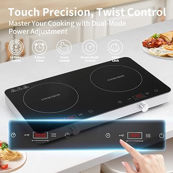 COOKTRON Induction Hob, Double Induction Cooker with Dual-Control (Touch & Knob), 10-Level Adjustable Temperature/Power, 4-Hour Timer, Child Safety Lock, Portable Design, 2800W