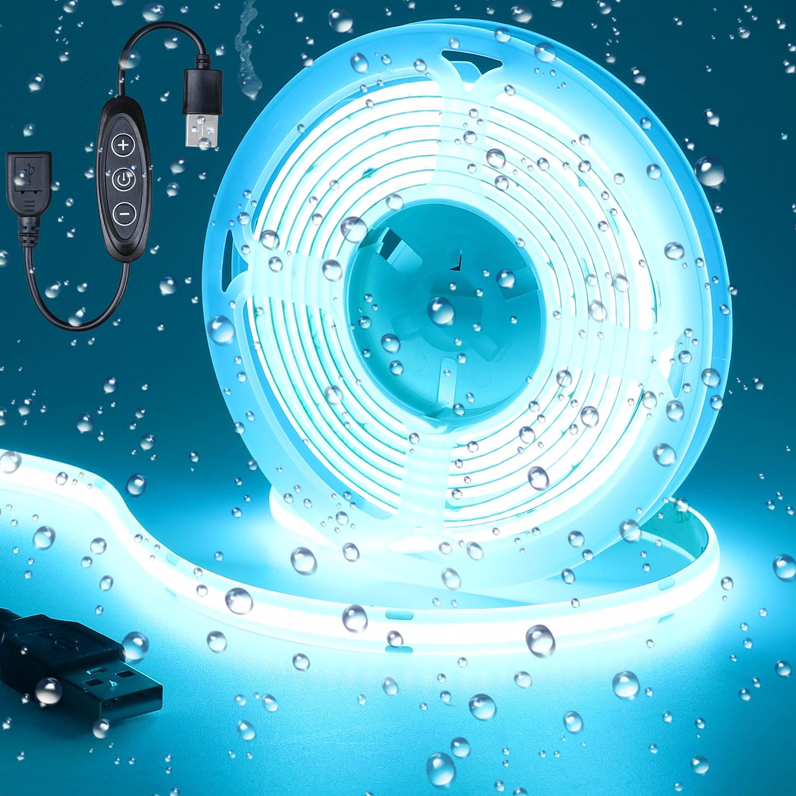Tira de luz LED azul hielo COB de 5 V CC de 5 V, regulable, alimentada por USB, 6.5 pies/2 m, IP65, impermeable, 640 LED con atenuador, luces LED flexibles de alto brillo