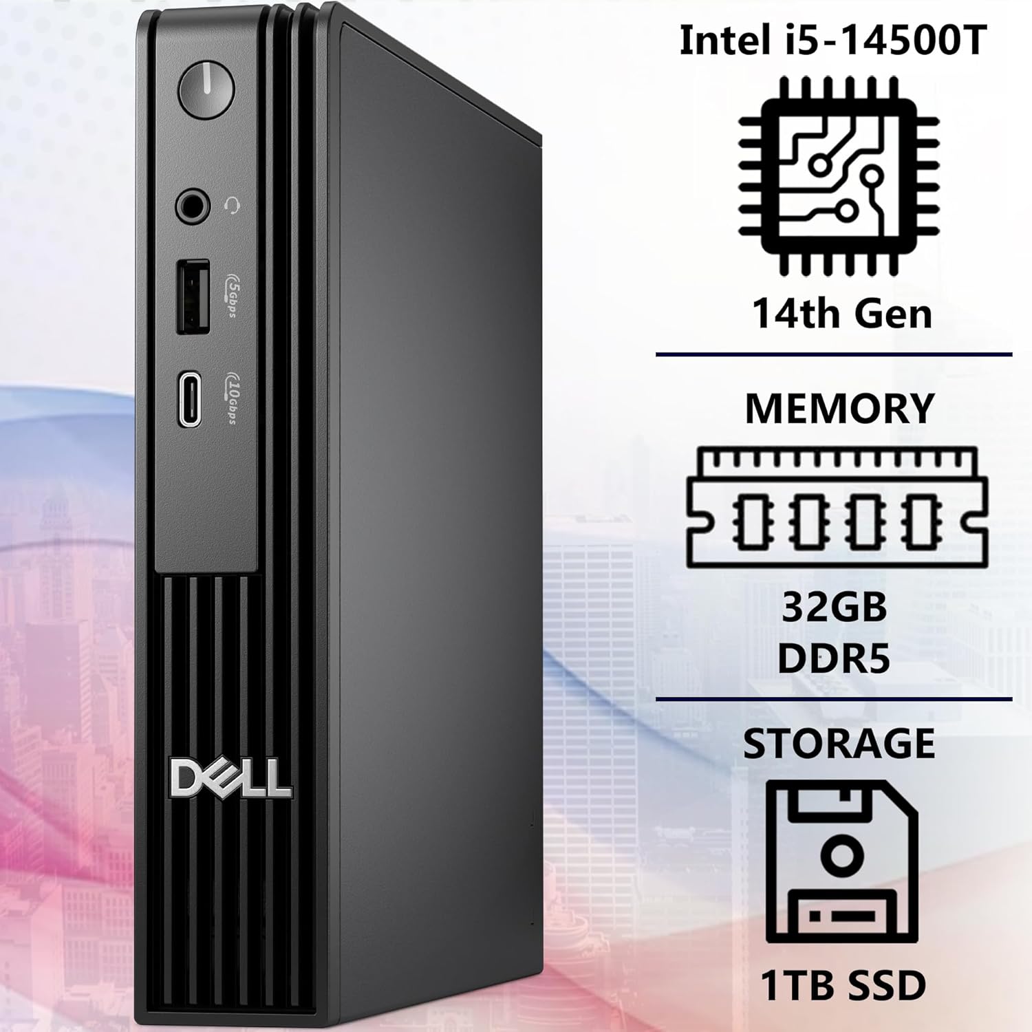 Dell Pro Micro QCM1250 MFF Intel i5-14500T, 32GB DDR5 RAM, 1TB SSD PCIe, WiFi 6E + BT, RJ-45, DisplayPort, Wired Keyboard & Mouse, 3YR Wty, Windows 11 Pro, AI Mini Business Desktop - Black