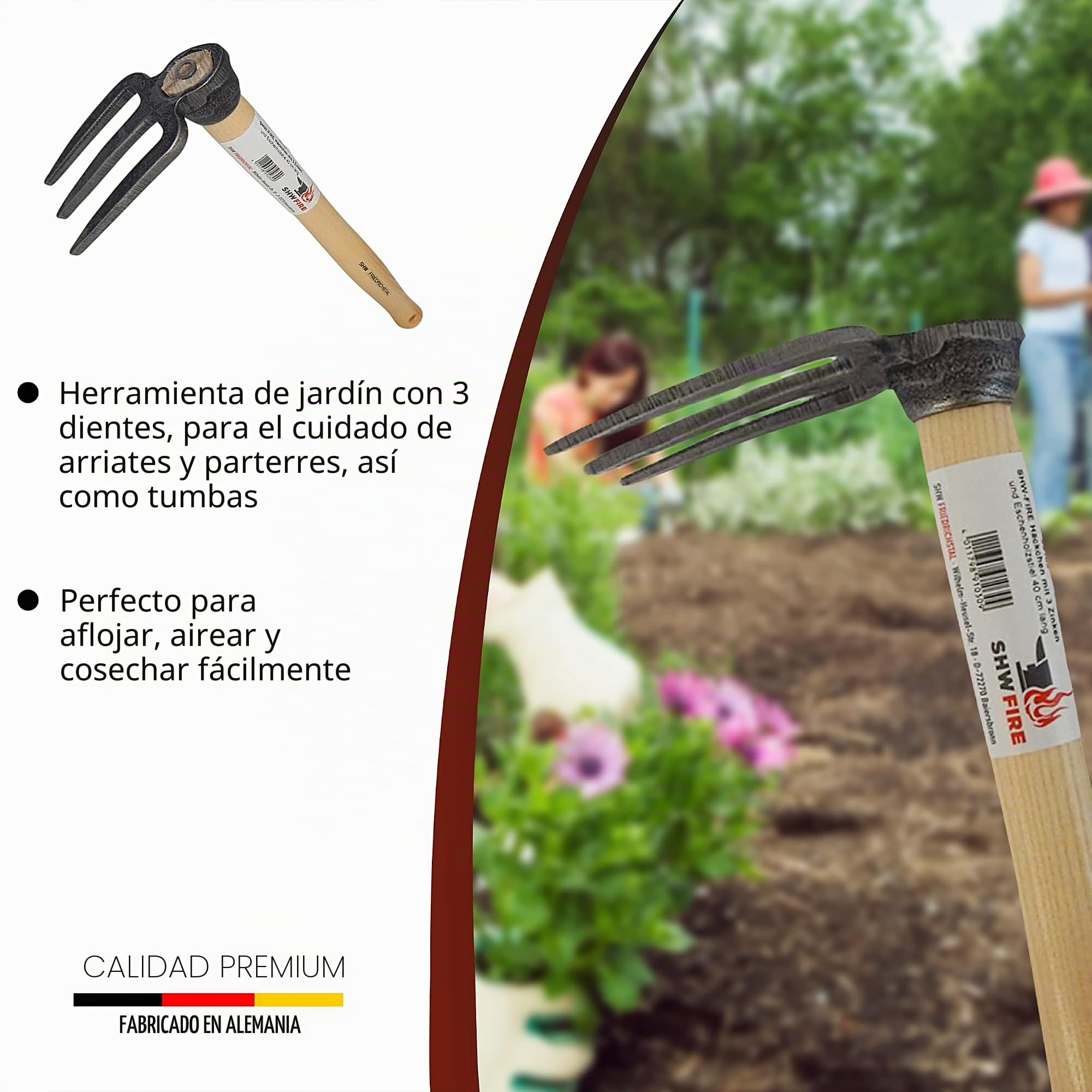SHW-FIRE Azada de mano: azada forjada de jardín de 3 dientes con mango de madera de 40 cm | Fabricado en Alemania, para jardinería y labranza, aflojamiento del suelo y ventilación, calidad de forja con mango de fresno
