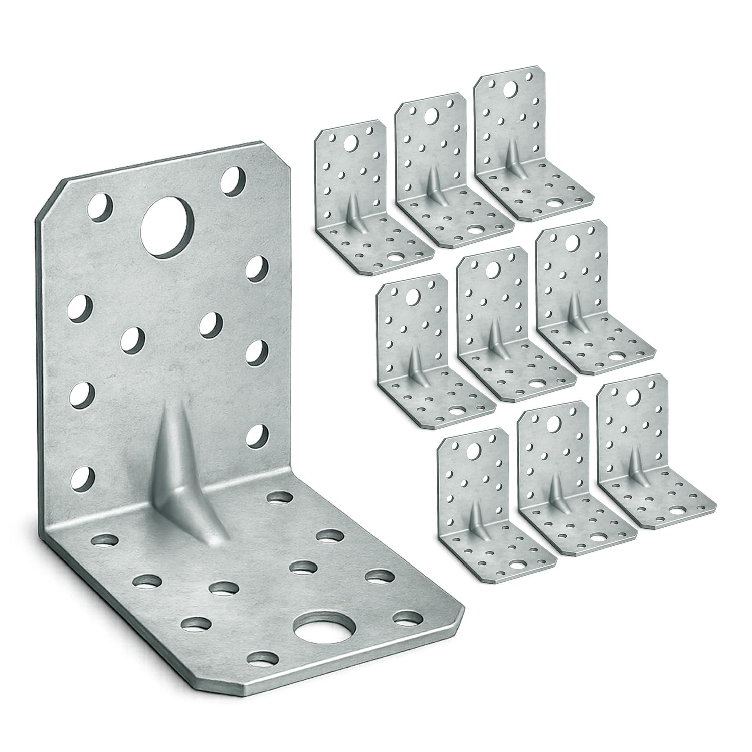 10 x Angle Brackets (70 x 70 x 55 x 1.5) Heavy Duty Corner Sleeper Bracket with Beading Timber Wood Metal Joining Fixing L Galvanised Steel Sheet Connector