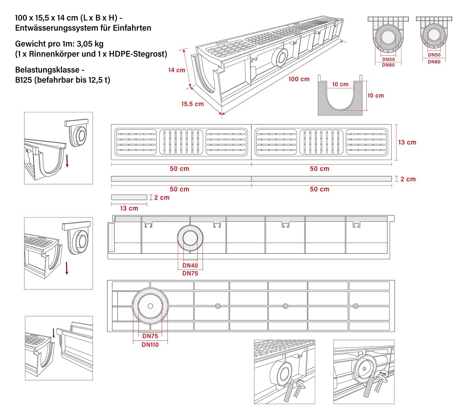 3m Entwässerungsrinne mit B125 HDPE-Rost | L1000 x B155 x H140 mm