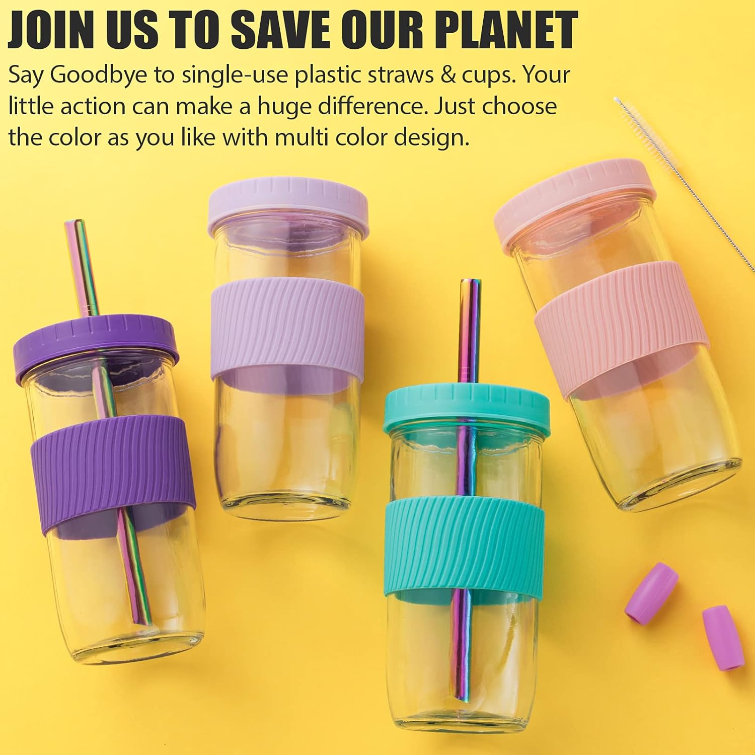 Reusable Glass Mason Jars Cups with Lids and Straws Silicone Sleeves, 4 Pack 24Oz Wide Mouth Smoothie Cups Glass Bubble Tea Cup, Leakproof drinking glasses Water Bottle Travel Tumbler for Large Pearl - Image 7