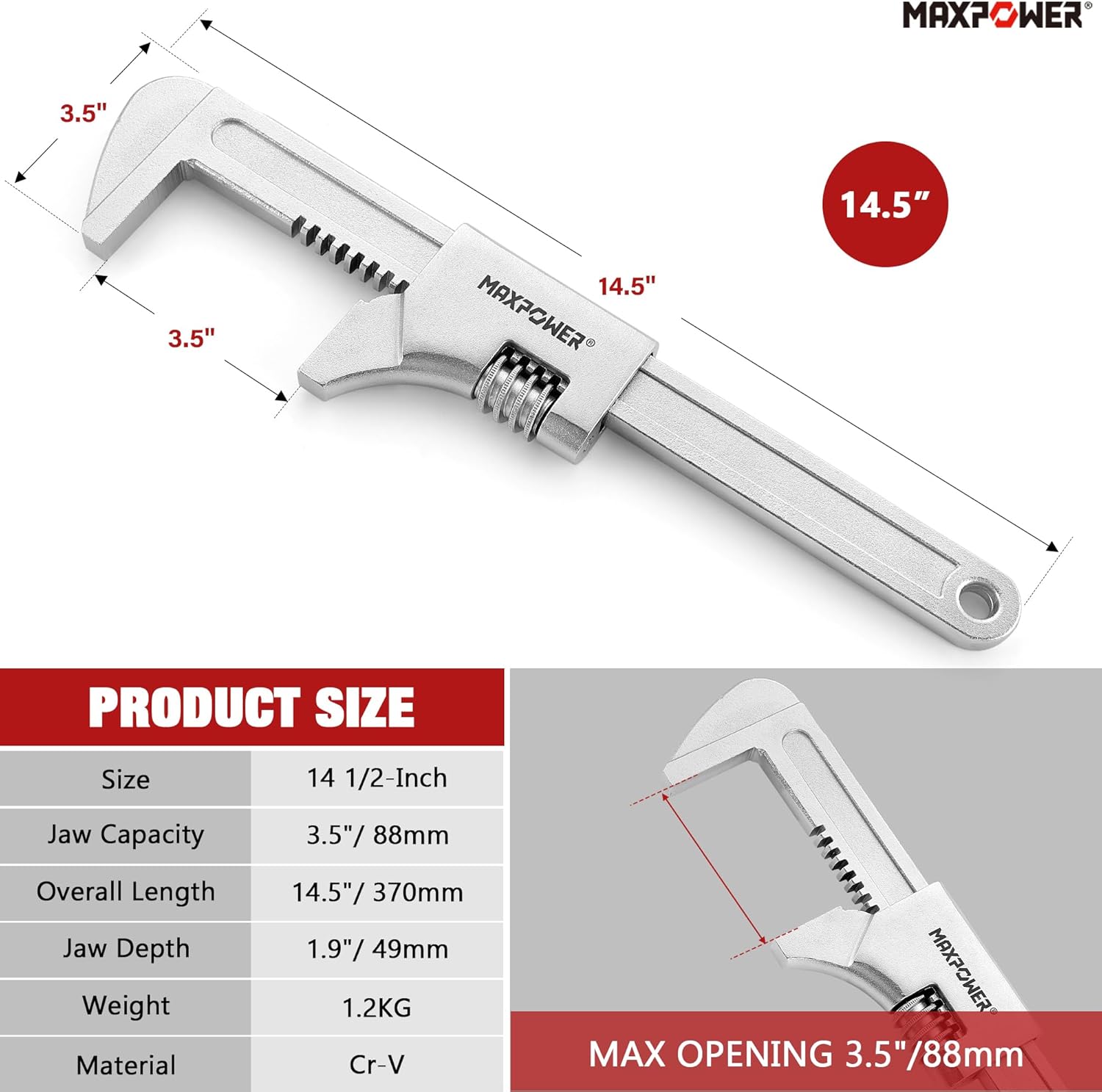 MAXPOWER 14 1/2" Automotive Wrench, Wide Jaw Opening 3.5", Adjustable Auto Wrench for Automobiles Construction, Machine Maintenance and Home Repairs
