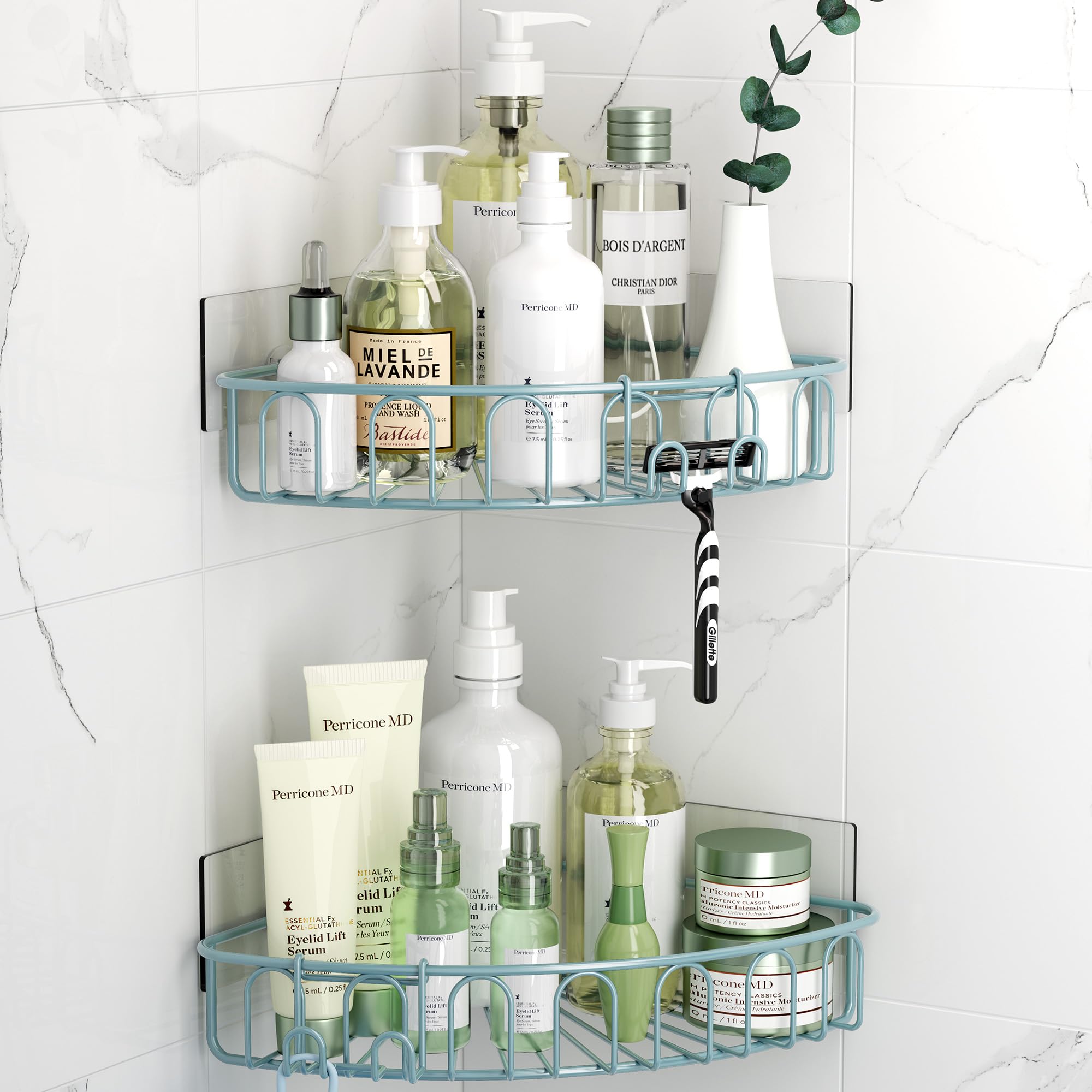OrimadeCorner Shower Caddy with 2 Hooks Wall Mounted Metal Bathroom Shelf Storage Organizer Adhesive No Drilling 2 Pack, Blue Only for 90-Degree Corner