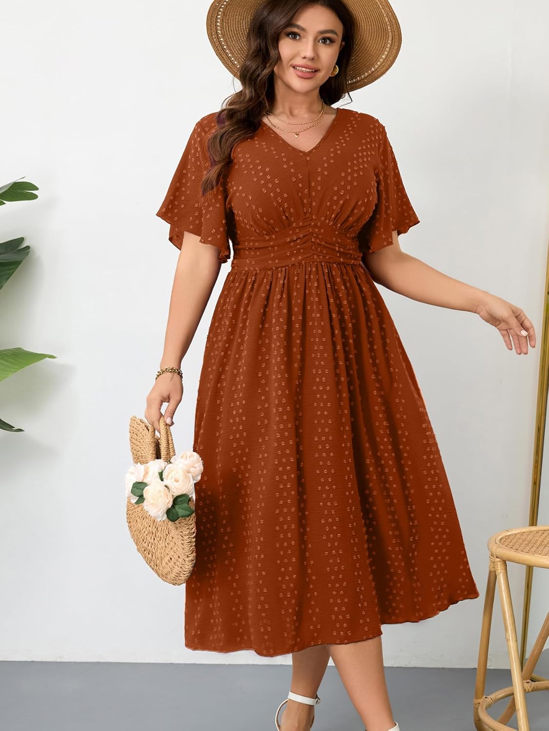 RWJ Women's Plus Size Maxi Dress V Neck Short Sleeve Swiss Dot A Line High Waist Boho Swing Casual Summer Dresses - Image 4