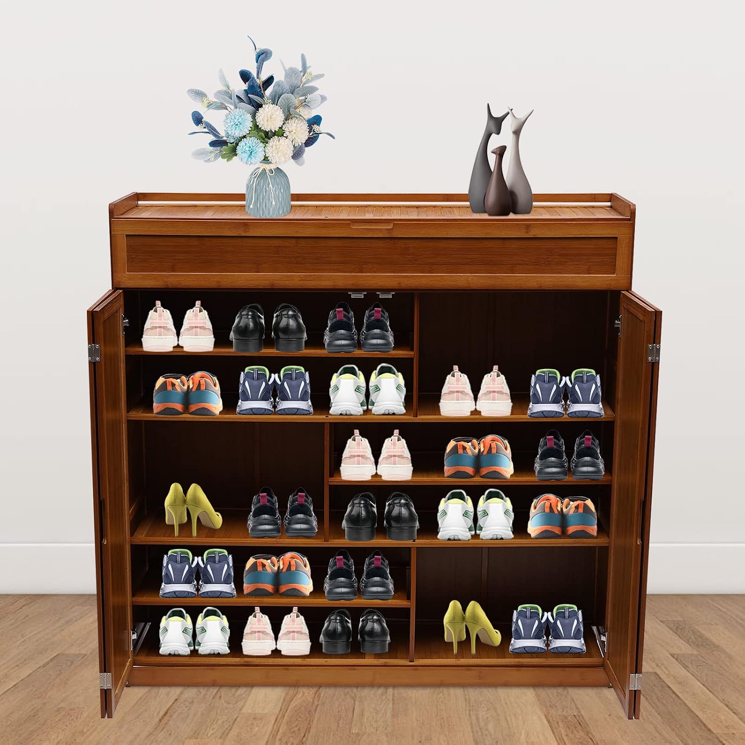 Bamboo Shoe Cabinet 7-Tier with Doors, Home Entryway Shoe Organizer, Cabinet with 20-Pair Heels Boots Freestanding, Tall Compartment for Boots Shoes Rack for Livingroom, Hallway, Bedroom