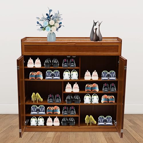 Miniatura 2 de TFCFL Armario de zapatos de bambú de 7 niveles con puertas plegables y compartimento alto para botas, organizador independiente para zapatos, para