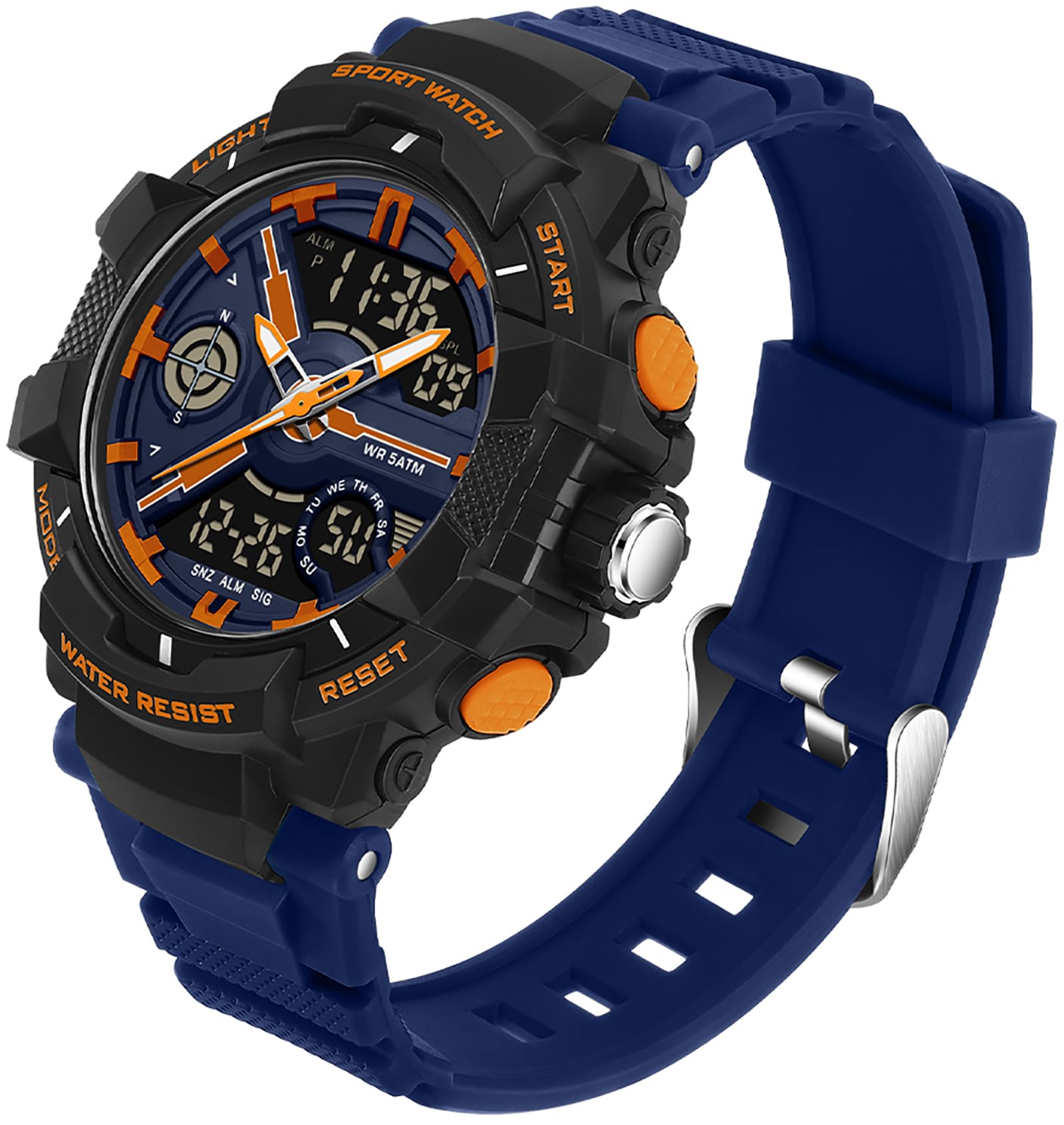 findtime Relojes para hombre y niño, analógico, digital, de cuarzo, naranja, reloj de pulsera con alarma, cronómetro, dos zonas horarias, LED, resistente al agua 5 ATM, relojes deportivos para hombres