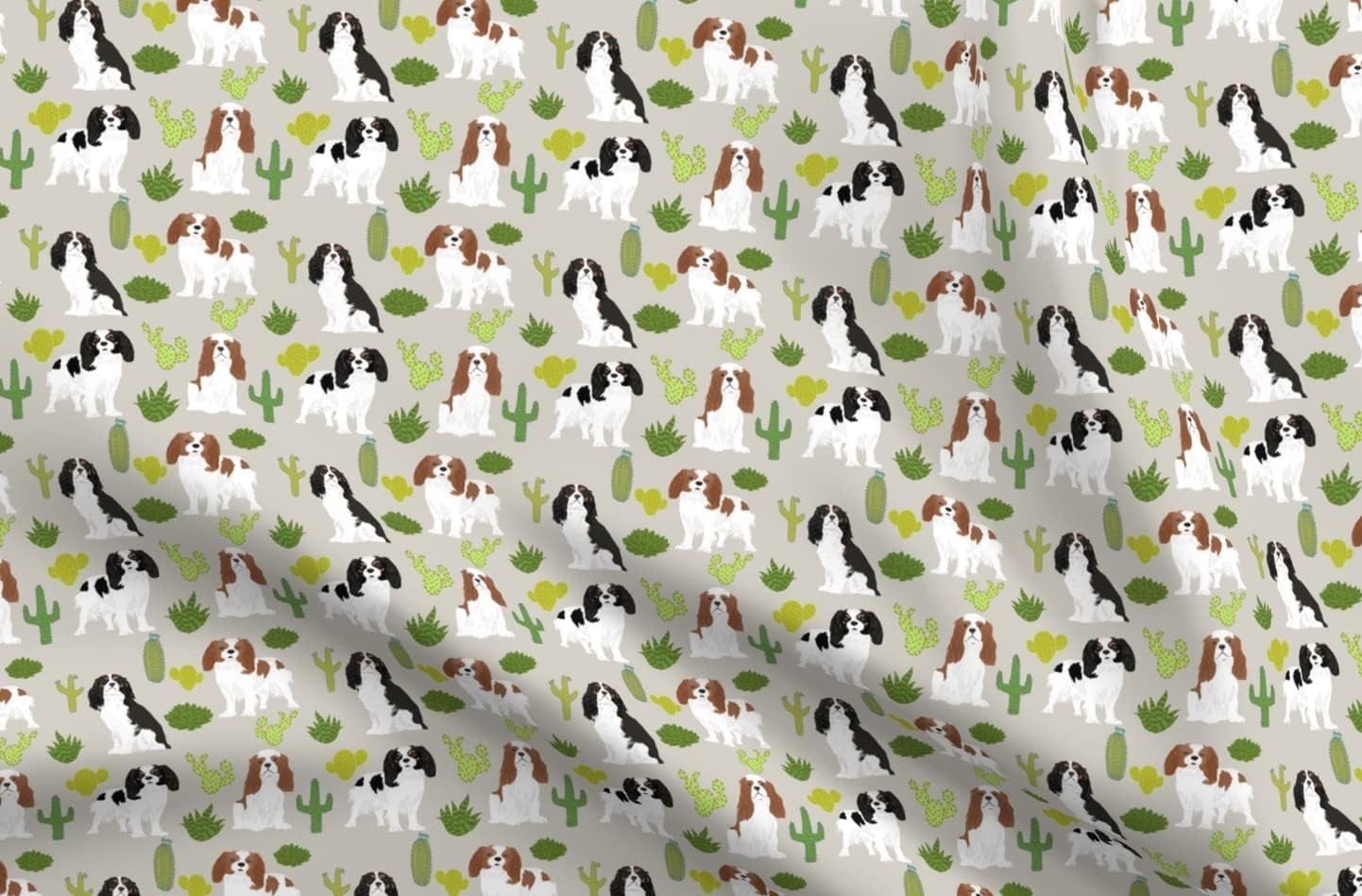Spoonflower Fabric - Cavalier King Charles Spaniel Dog Cute Cactus Trendy Succulents Dogs Printed on Organic Cotton Sateen Fabric by The Yard - Sewing Quilting Apparel Home Decor