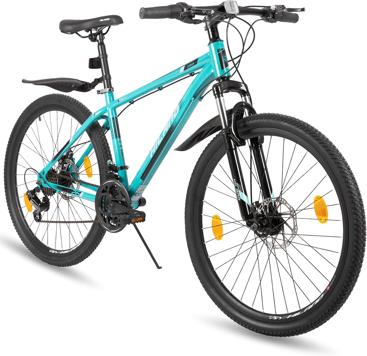 Hiland Bicicleta de Montaña 26/27,5/29 Pulgadas Shimano 21 Velocidades con Guardabarros, MTB para Niño y Niña Hombre y Mujer con Horquilla de Suspensión y Frenos de Disco, Gris/Verde/Negro