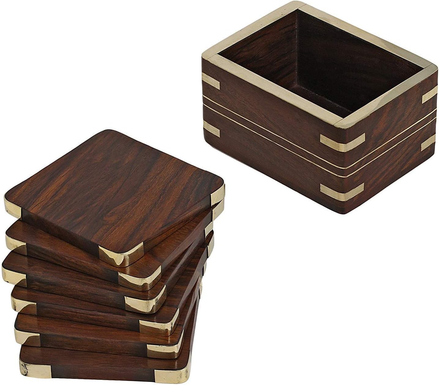 Wooden Drink Coasters Wood Table Coaster Set of 6 for Tea Cups Coffee Mugs Beer Cans Bar Tumblers and Water Glasses with fine Brass Work
