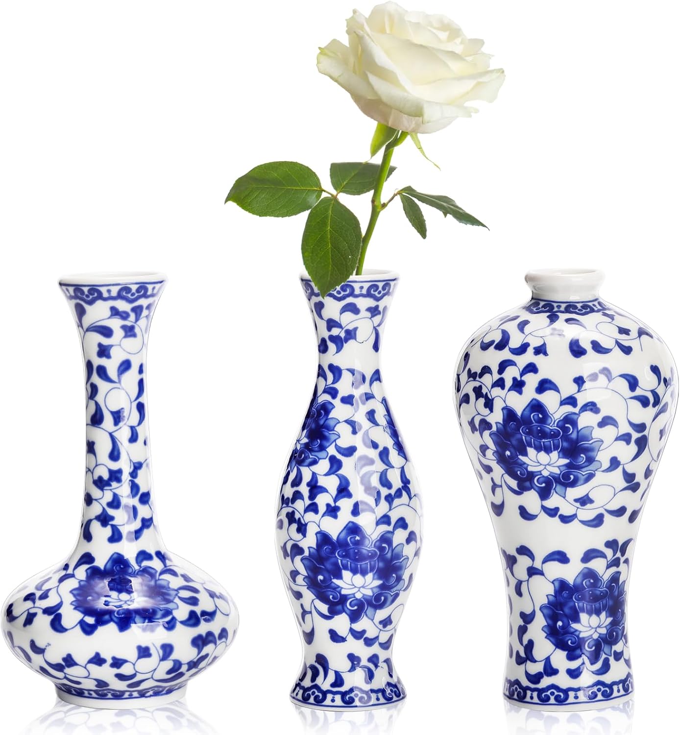 ZEAYEA Set of 3 Small Blue and White Porcelain Vase