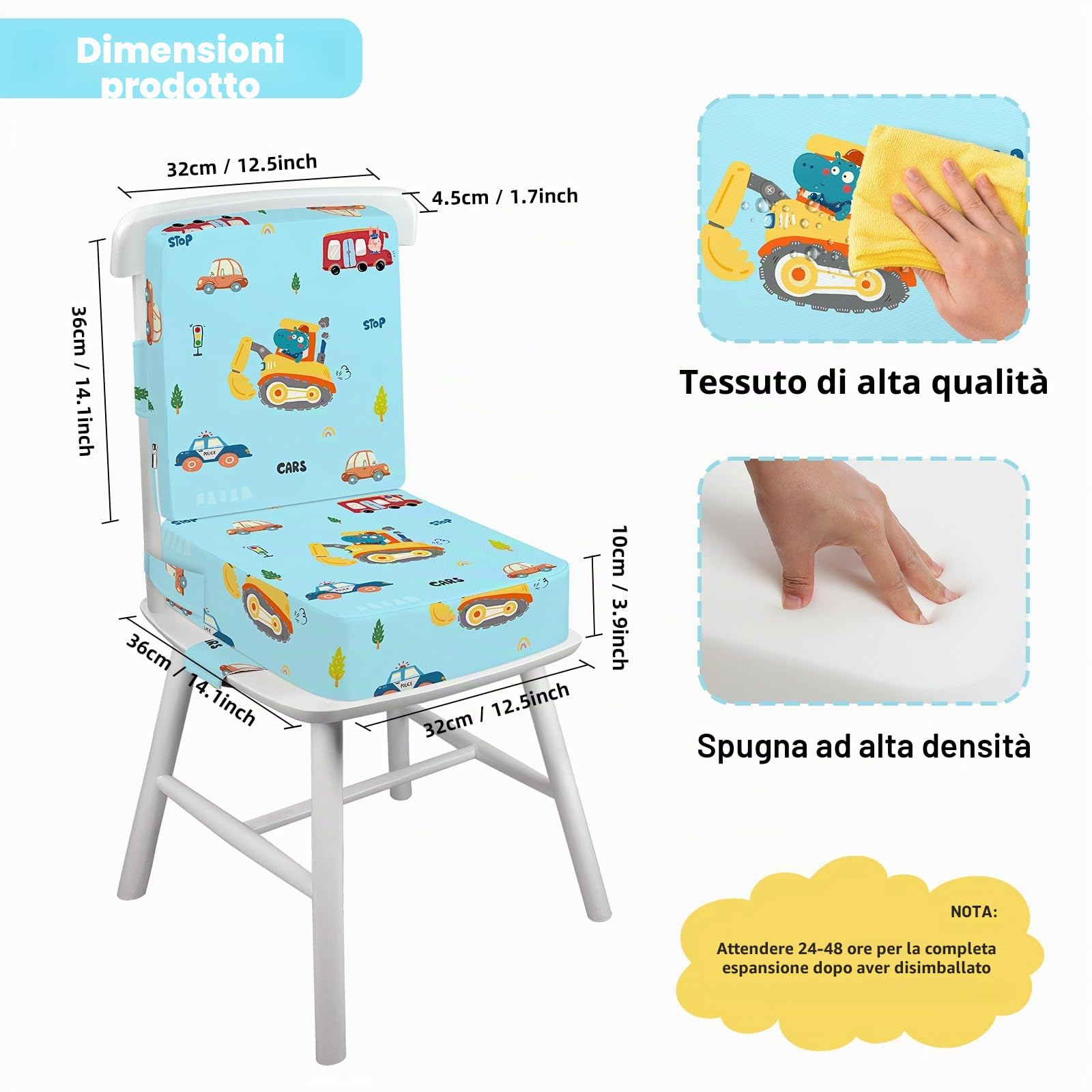 Rialzo Sedia per Bambini 2 Pezzi, PU Portatile Alzasedia da Tavolo, Cuscino Sedia con Cinghie Regolabili, 36x32x10cm, Escavatore