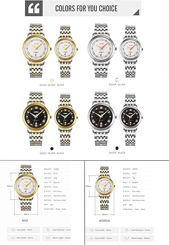 Miniatura 6 de SKMEI Watches for Couples Men and Women His and Hers Pair Watch Set Husband Wife Valentines Matching Wedding Gifts Classic Stainless Luxry Business