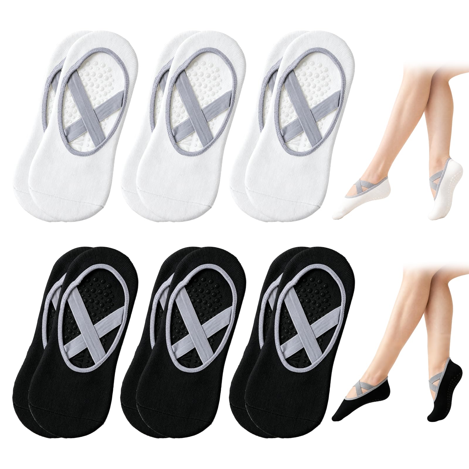 Thhiit 6 Pairs Non Slip Pilates Socks, Yoga Socks with Straps for Women Ballet Barefoot Workout, Home Workout