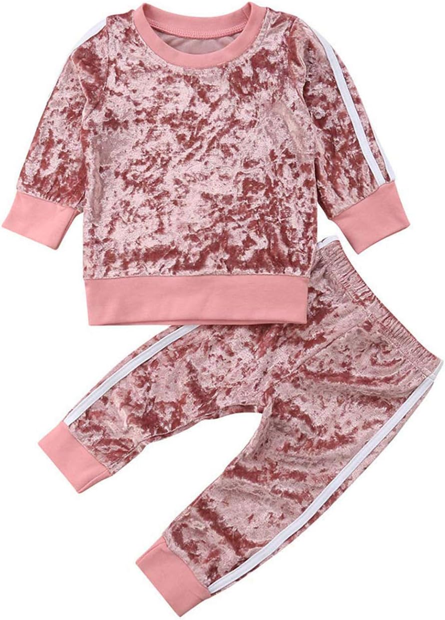 WANGSAURAToddler Baby Girls 2pcs Outfit Set Long Sleeve Velvet Pullover Sweatshirt Tops+Long Pants Set Kids Girls Warm Autumn Winter School Clothing Set Outfit