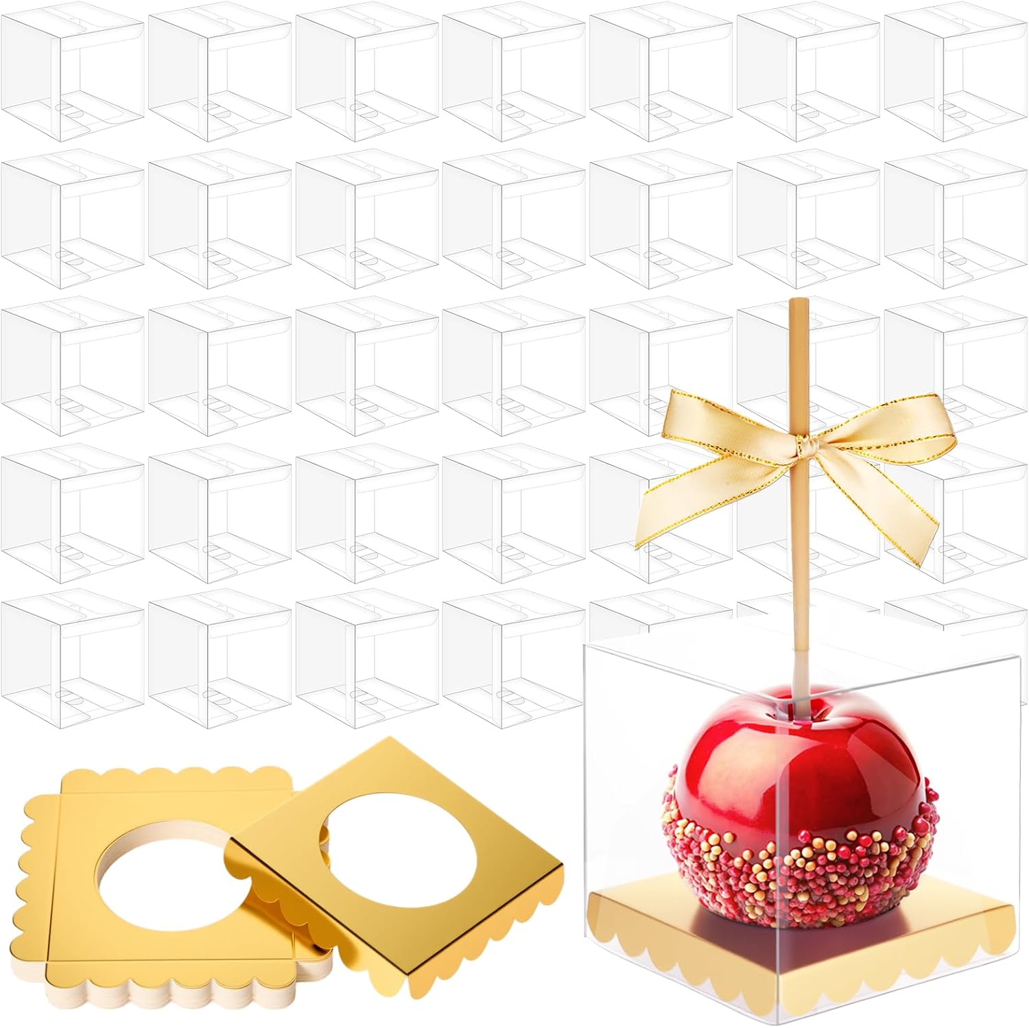 Weysat 200 Pcs Candy Apple Box with Hole Top Gold Base Clear Pet Caramel Apples Gift Boxes with Cardboard Inserts Cake Chocolate Circle Tray for Birthday Wedding Party Baby Shower 4" x 4" x 4"