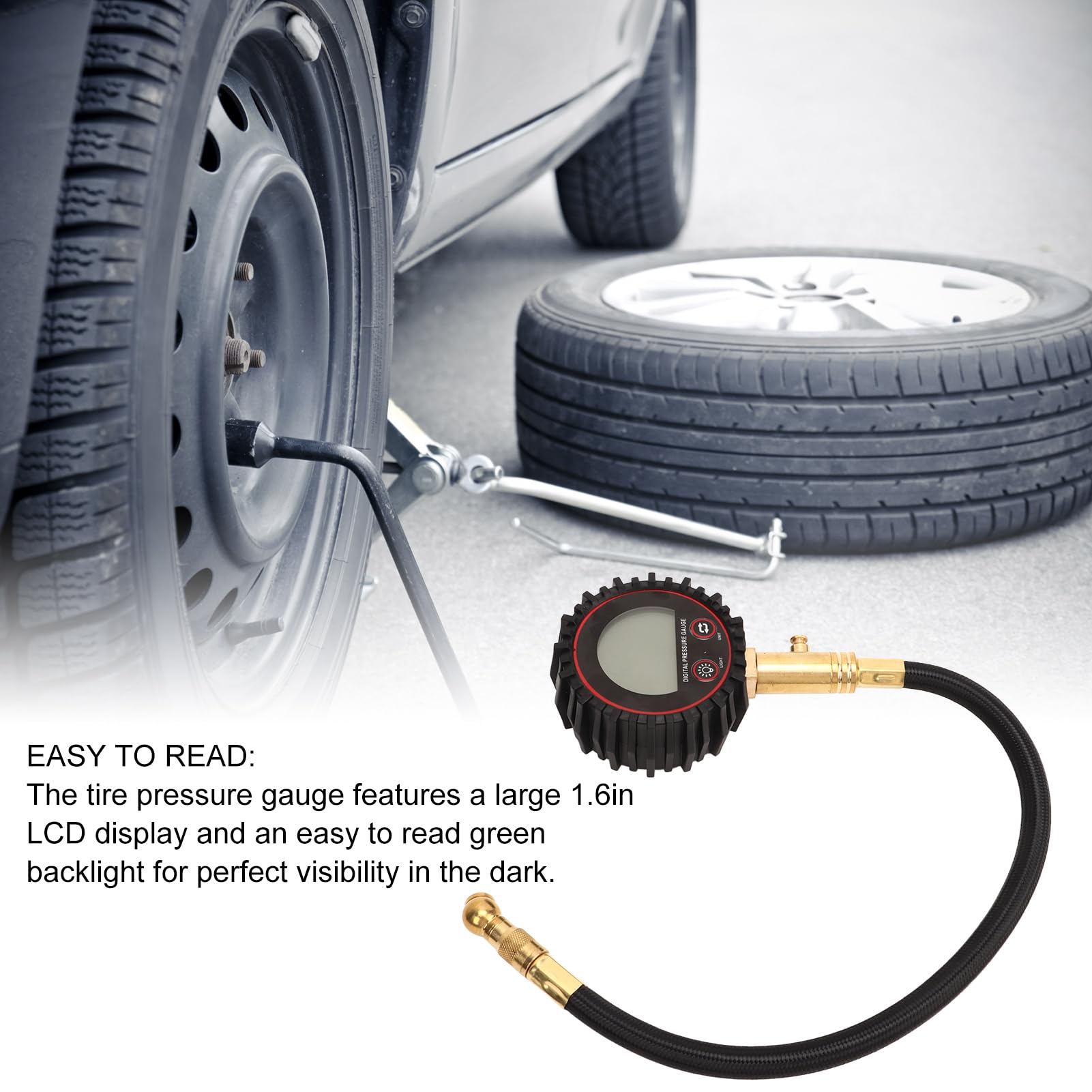 Manomètre Numérique de Pression de Pneu, Outil Pneumatique de Gonfleur de Pneu Robuste de 0 à 200 PSI Avec Tuyau Flexible et écran LCD Rétroéclairé pour Voiture, Camion, SUV, Moto