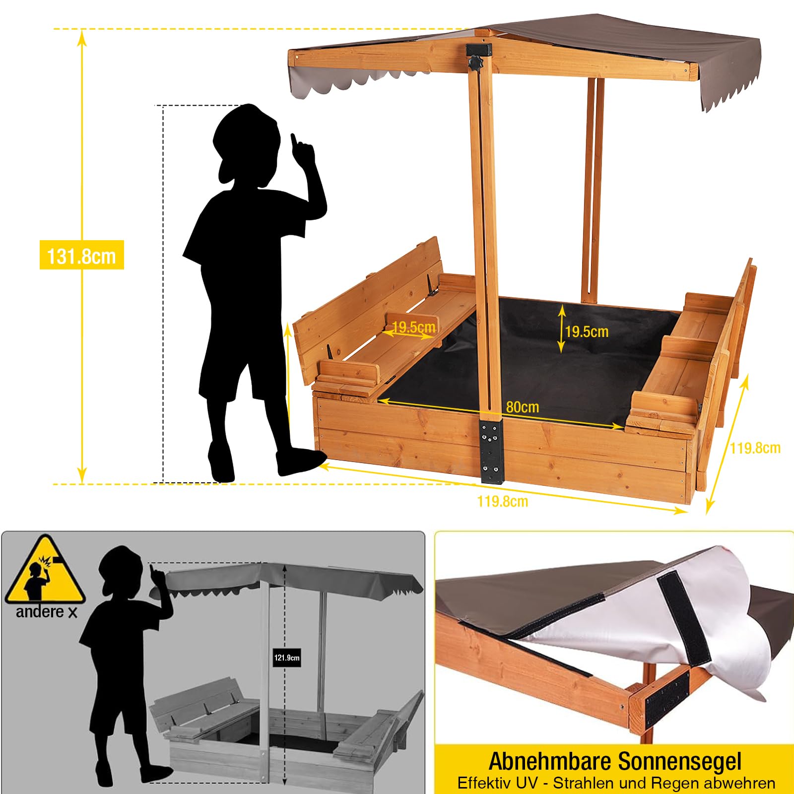 Aivituvin Kinder Sandkasten mit Abdeckung, 120x120x132cm Holz Deckel sandkiste mit aufziehbarer Dach, faltbaren Sitzbänken für draußen (Naturholzfarben)