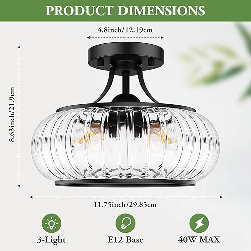 Miniatura 2 de Moderna lámpara de techo semiempotrada de 3 luces, lámpara de techo de cristal transparente con pantalla redonda, lámpara industrial de vidrio negro