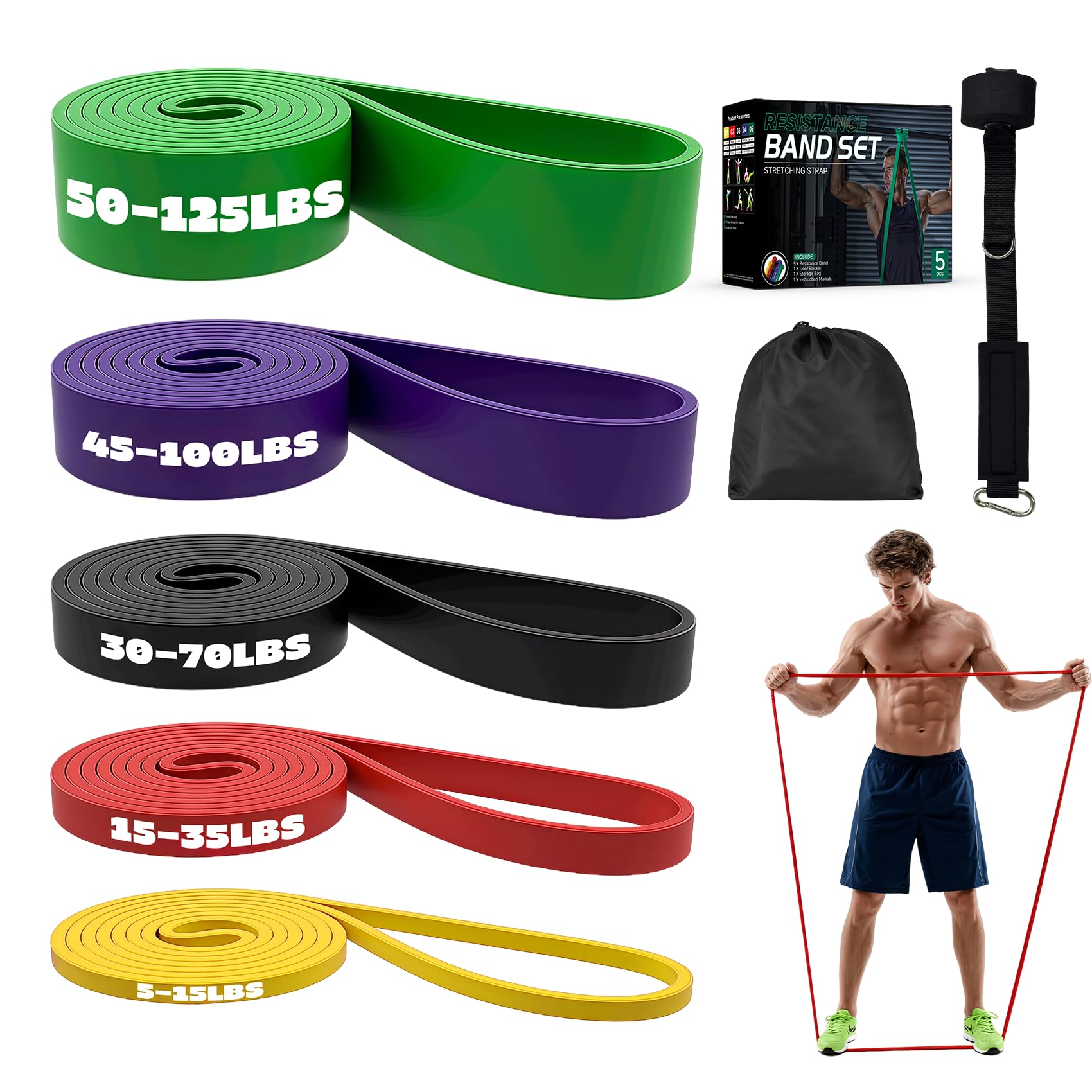 Resistance Bands Set with Door Anchor Multi-Levels Pull Up Assistance Bands Exercise Bands for Working Out Stretching Muscle