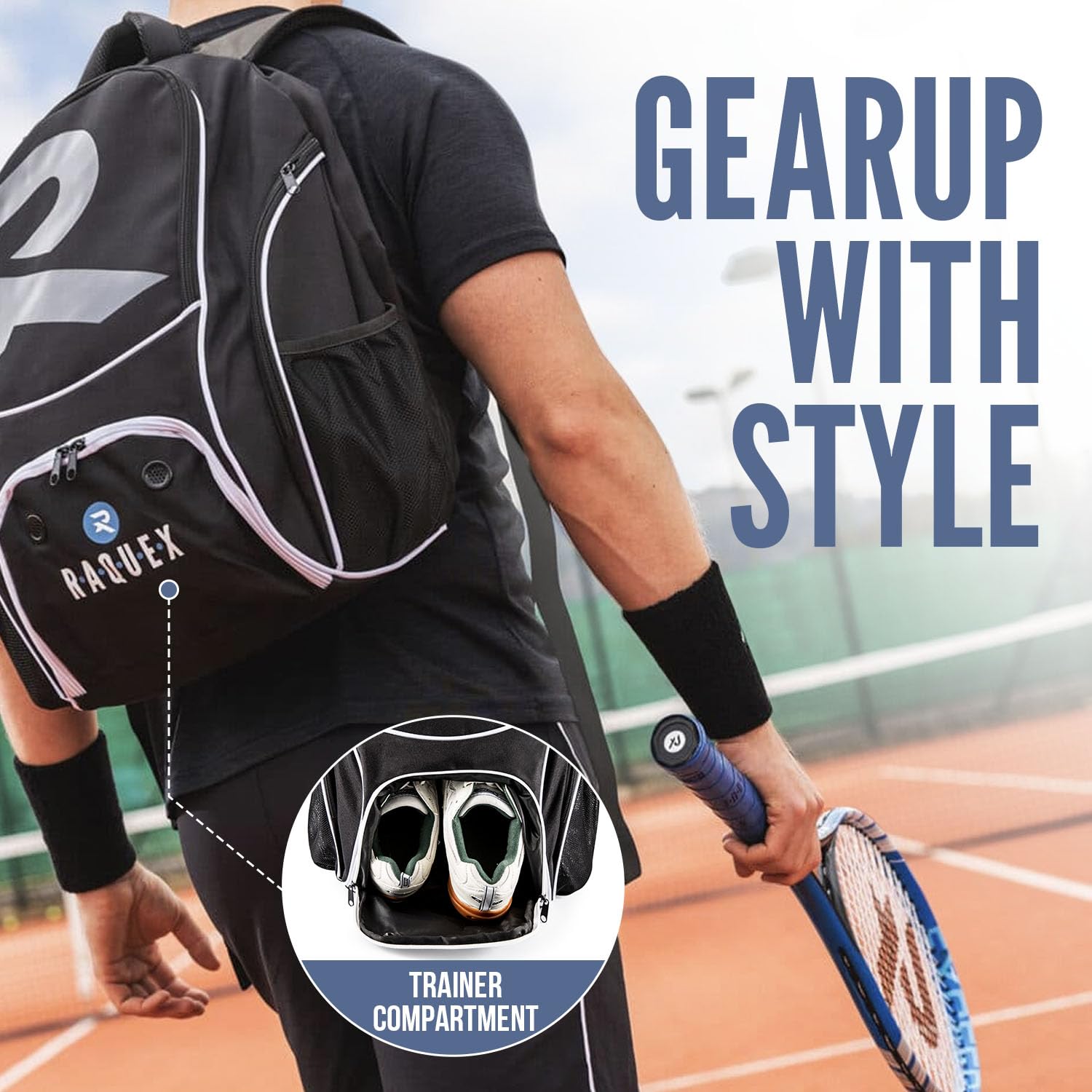 Raquex Sportrucksack für Tennisschläger oder 2 Squashschläger Badmintonschläger Schlägerrucksack + Schuhe + Laptop + Trinkflasche