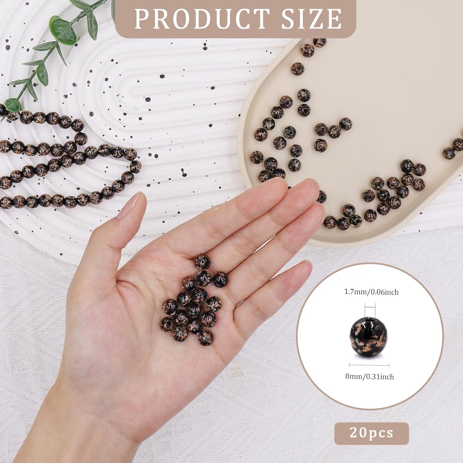 20 PCS Luminous Glass Beads 8mm Making Glow in The Dark Beads Gold Sand Round Loose Beads DIY Craft Necklace give Away Crystal Stretch Cord (Black) - Image 3