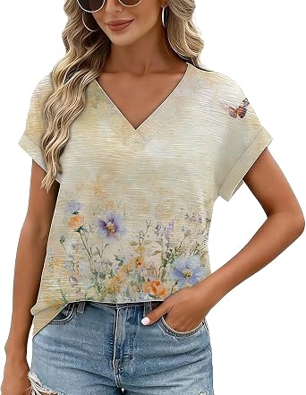 Women Tops Short Sleeve Shirt Floral Tunic V Neck Boho Loose Fit Flowy Blouse
