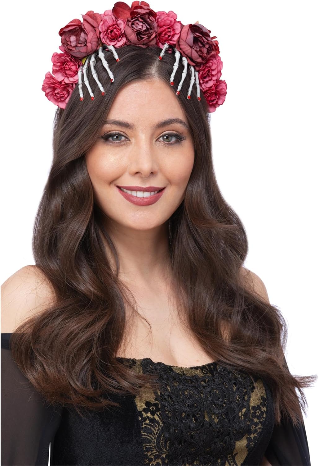 Red Rose & Skeleton Hand Headband - -